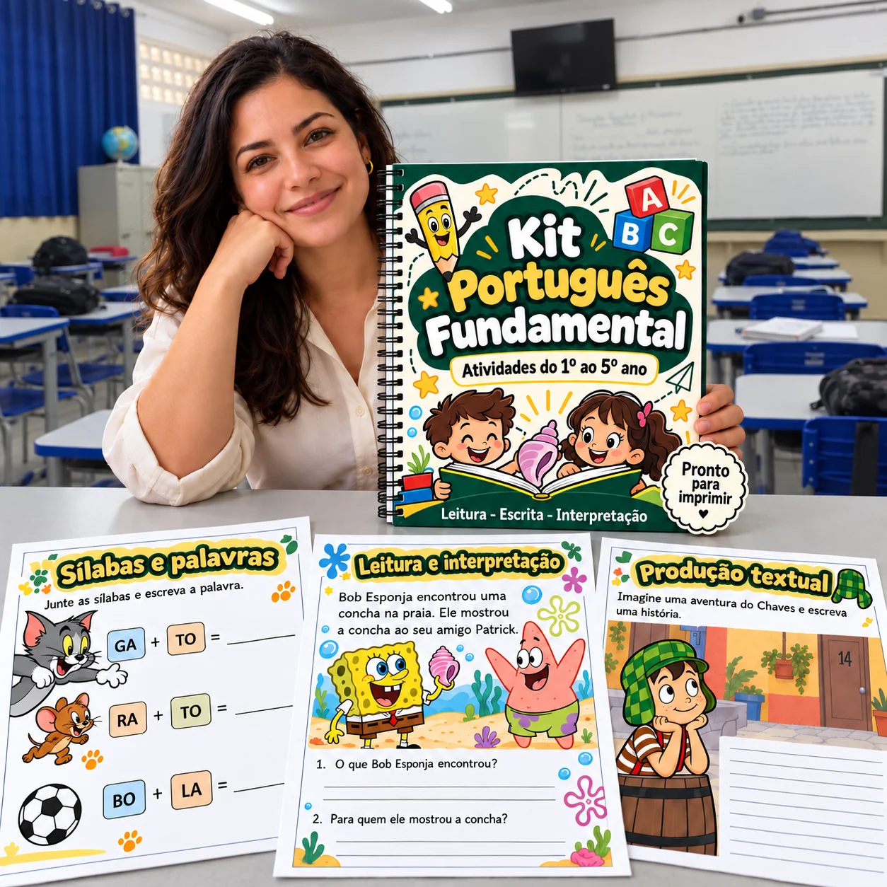 Professora segurando o Kit Português Fundamental, com atividades de sílabas, leitura e produção textual sobre a mesa