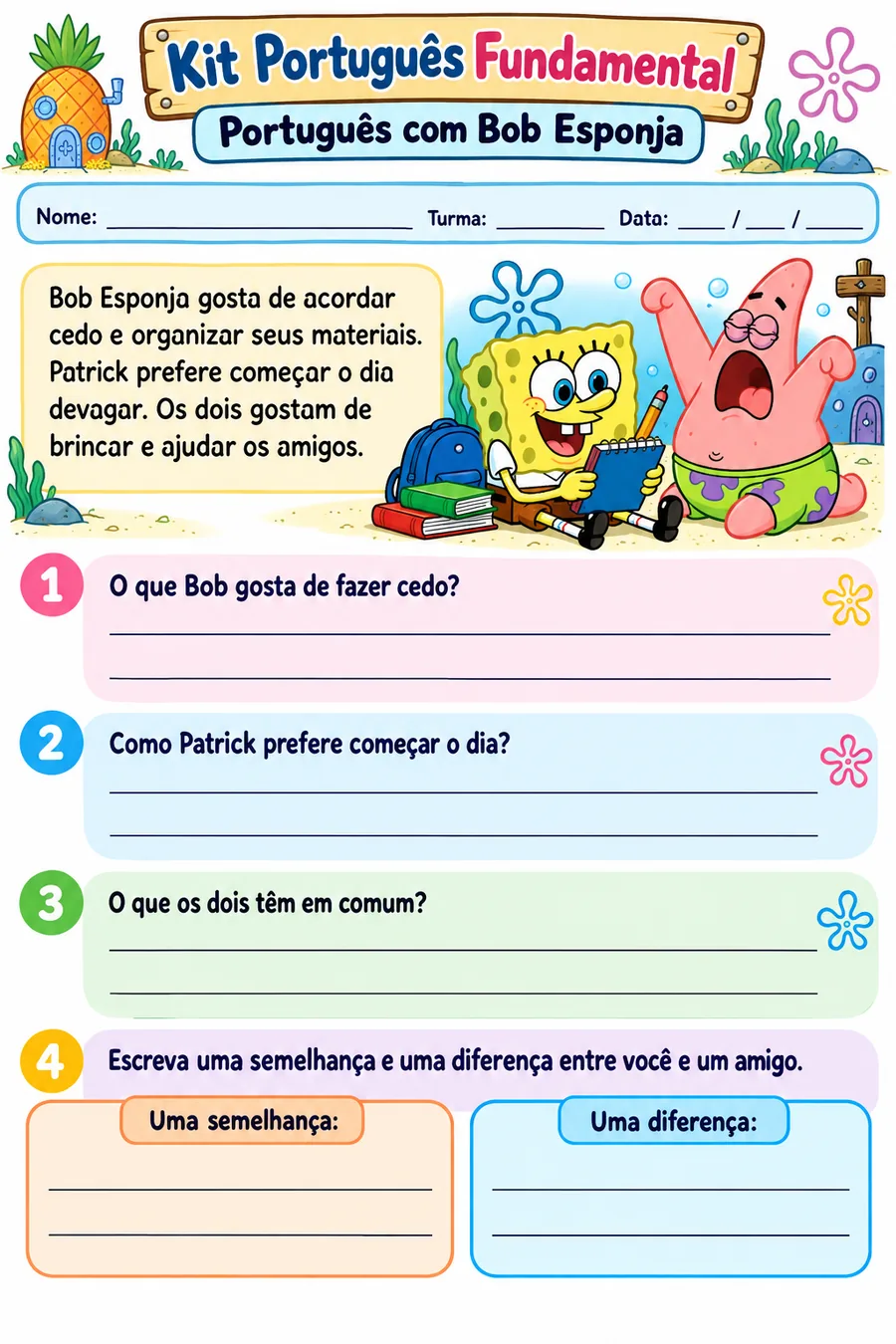 Atividade de interpretação: semelhanças e diferenças — Bob Esponja