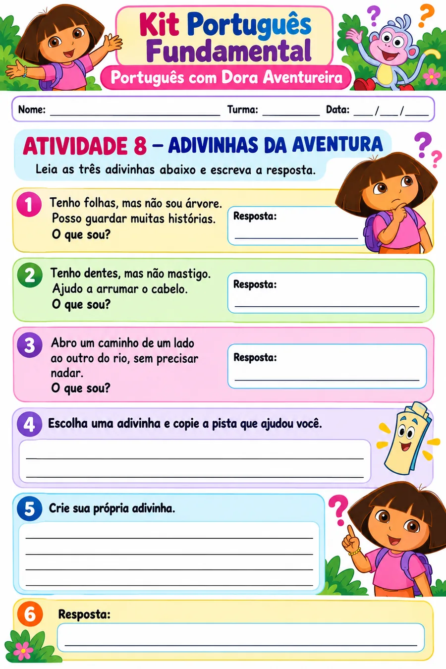 Atividade de adivinhas — jogo e dinâmica, Dora Aventureira