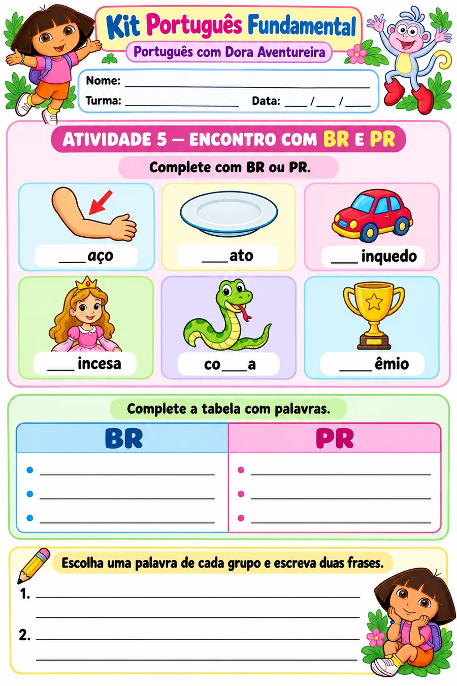Atividade de ortografia: encontros com BR e PR — Dora Aventureira