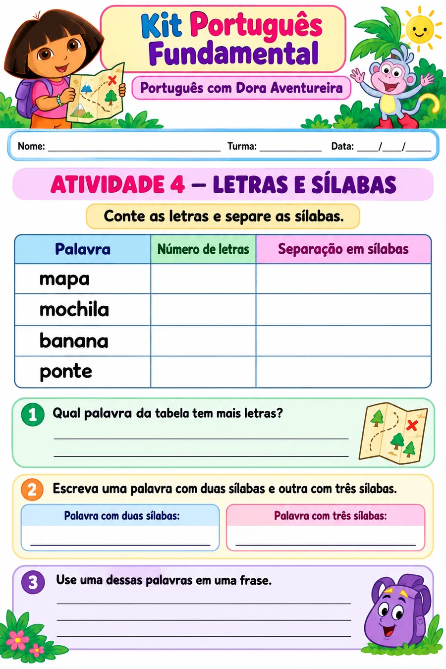 Atividade de alfabetização: letras e sílabas — Dora Aventureira
