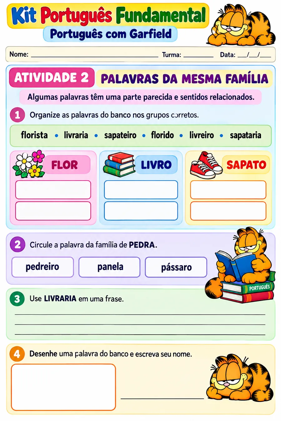 Atividade de gramática: palavras da mesma família — Garfield