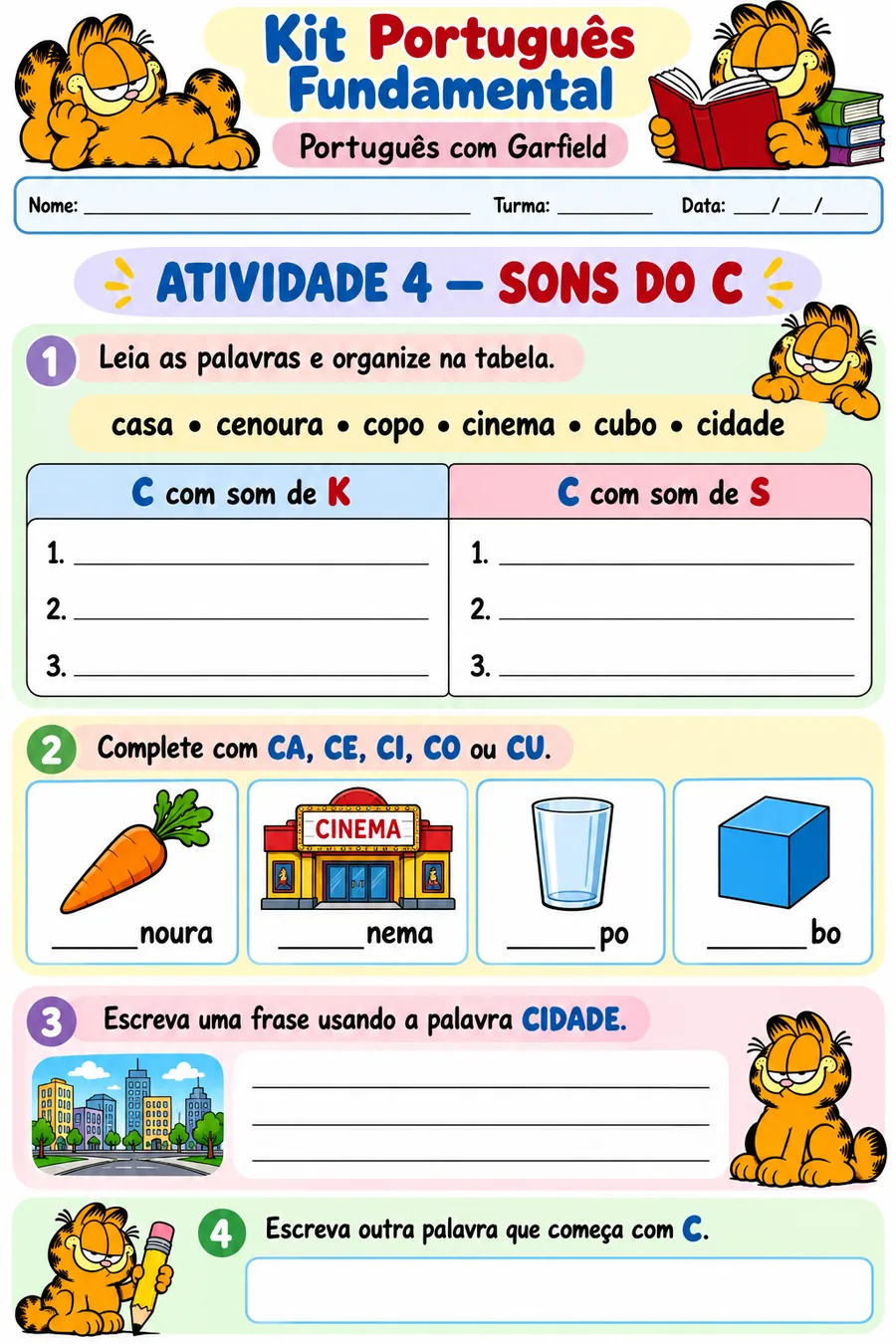Atividade de ortografia: sons do C — Garfield