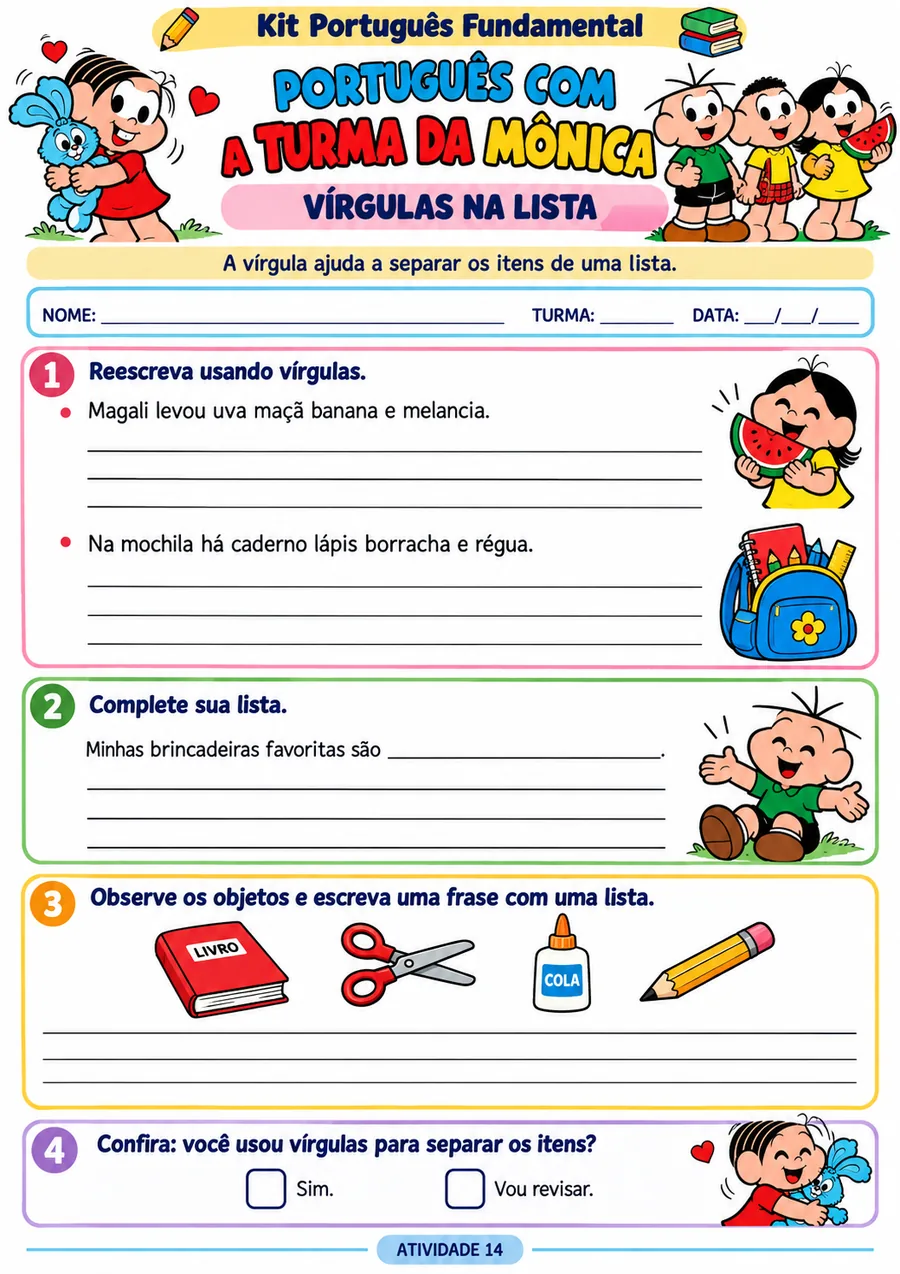 Atividade de pontuação: vírgulas na lista — Turma da Mônica