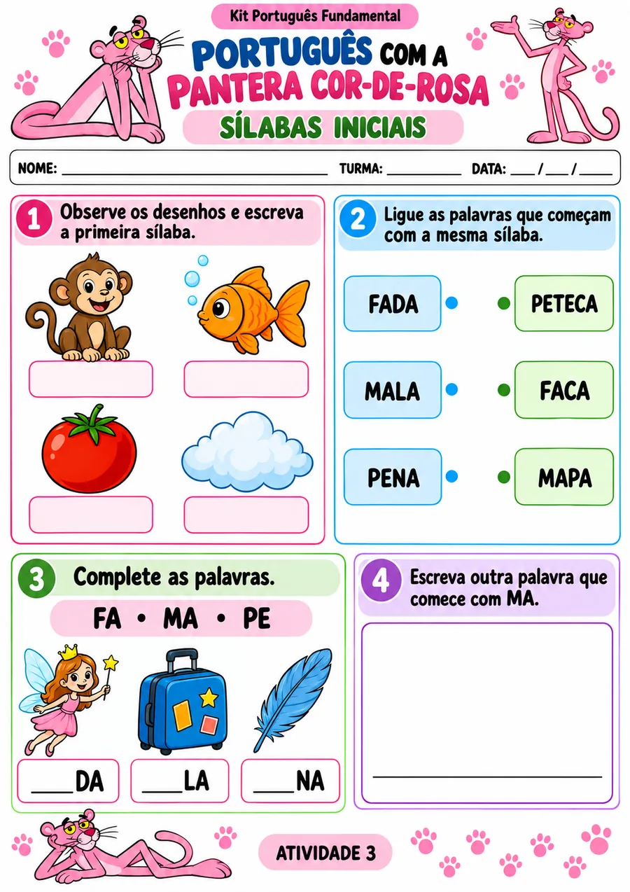 Atividade de sílabas iniciais — Pantera Cor-de-Rosa