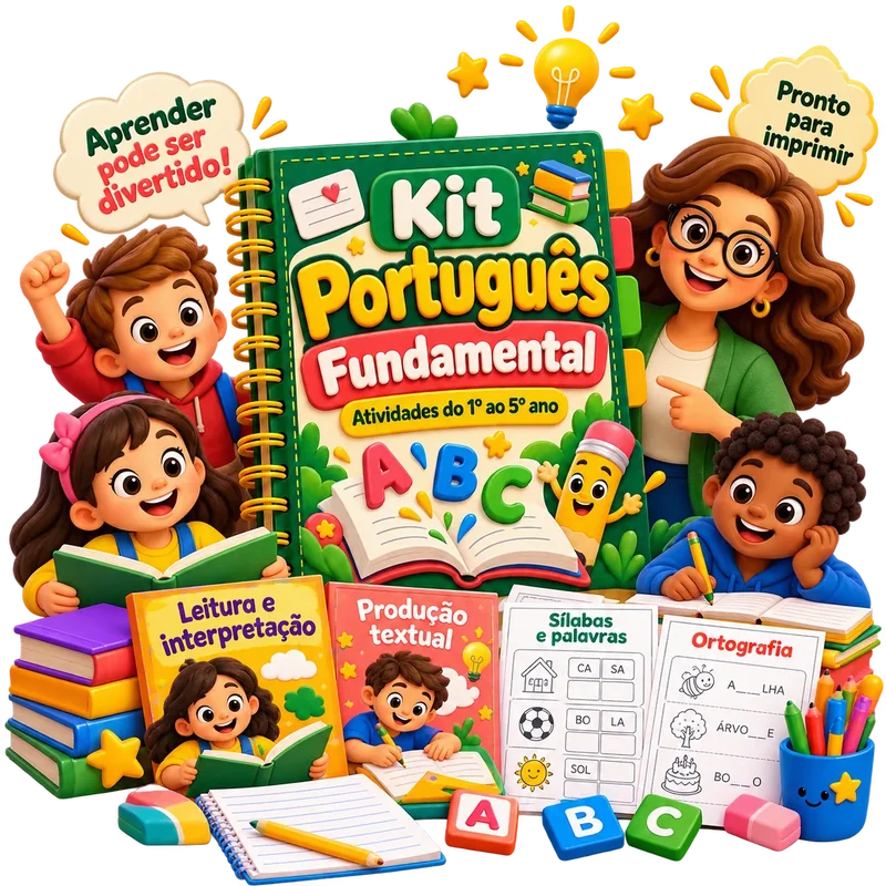 Kit Português Fundamental Completo — livro, professora, crianças e atividades